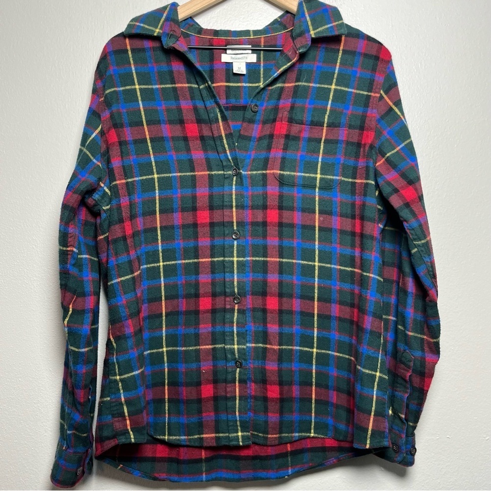 LL Bean Women's Scotch Plaid Flannel Shirt Medium Green‎ Red Relaxed Cabincore